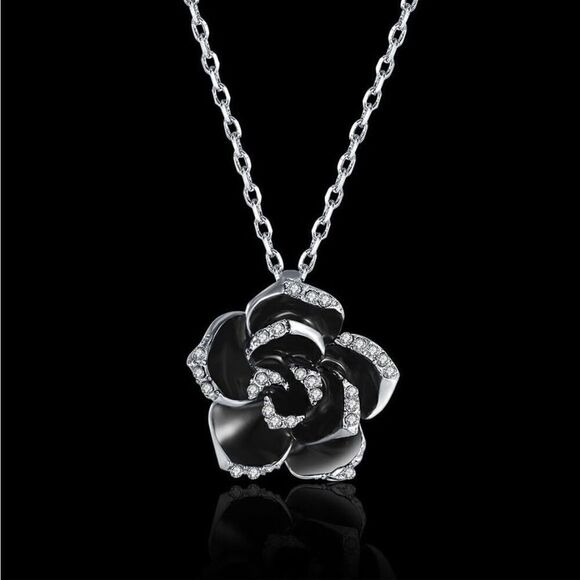 Sterling Silver Black Flower Enamel Drip Rhinestone Necklace Womens New - Picture 9 of 12